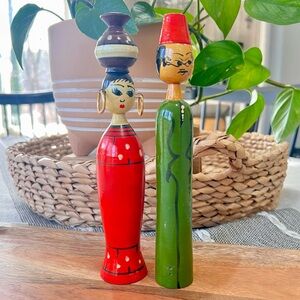Rare Pair 1970’s Handmade Egyptian Spindle Dolls